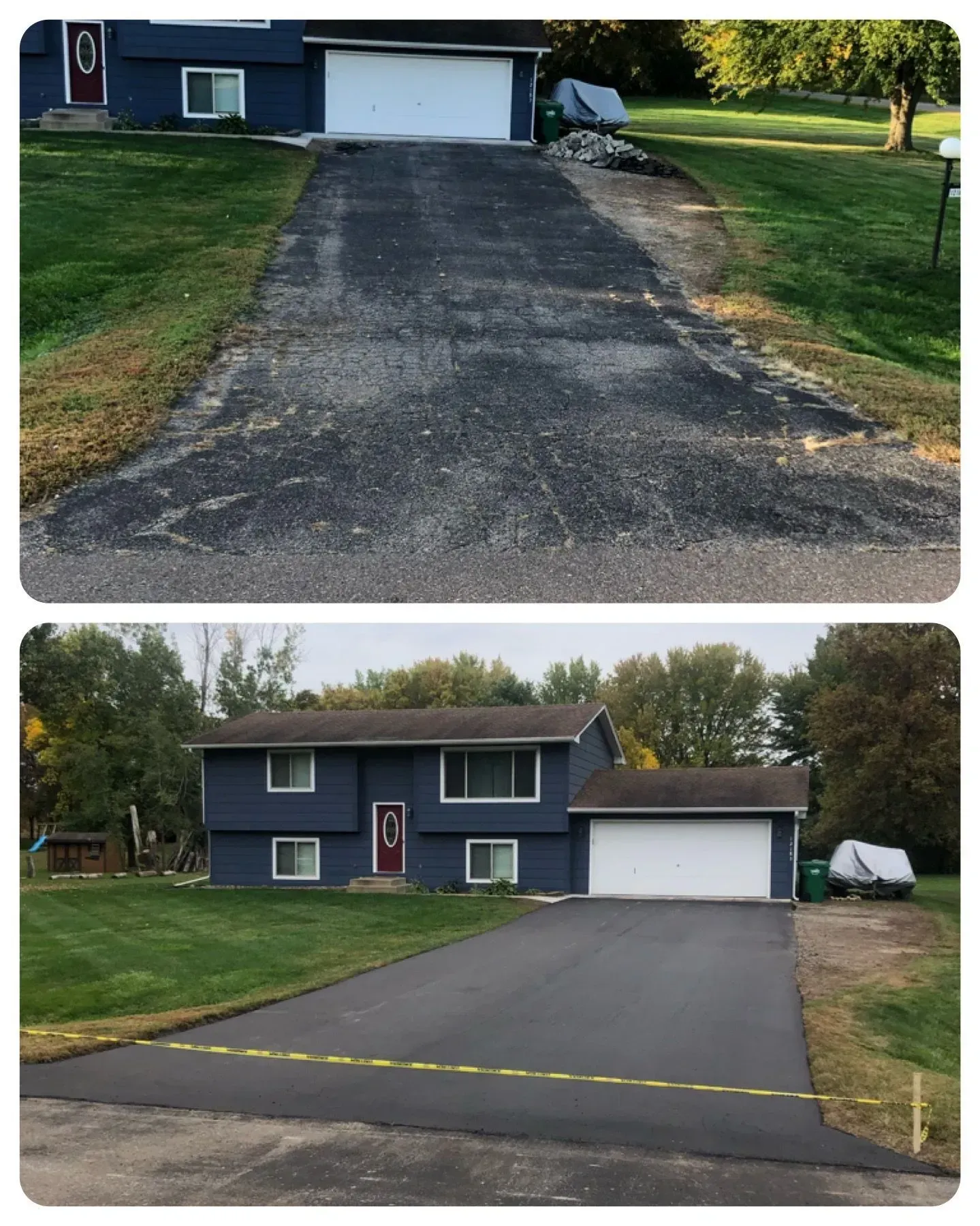 Before-and-after view of a house driveway: cracked gravel replaced with a smooth black asphalt driveway.