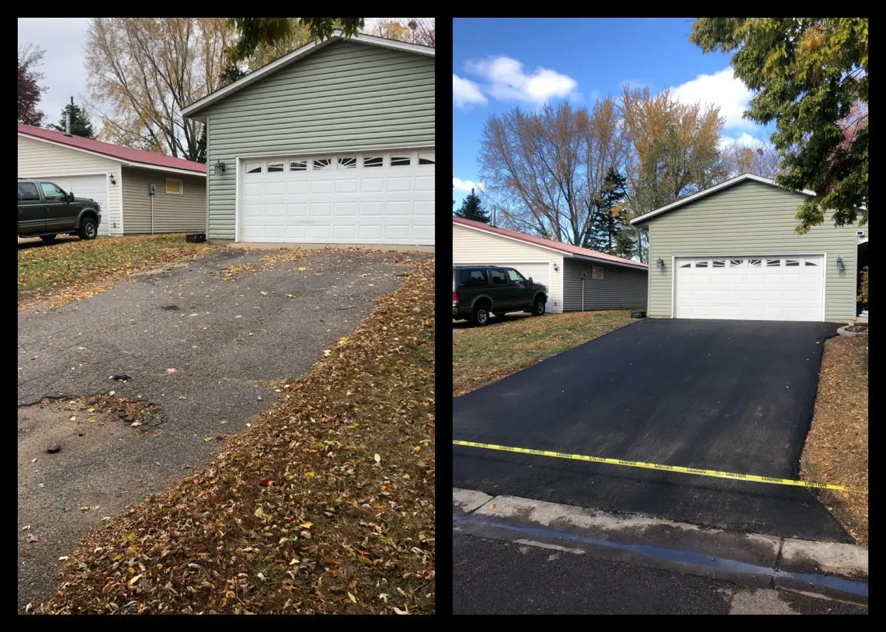 Split driveway before-and-after: cracked gravel next to a garage, then smooth black asphalt over the same area.