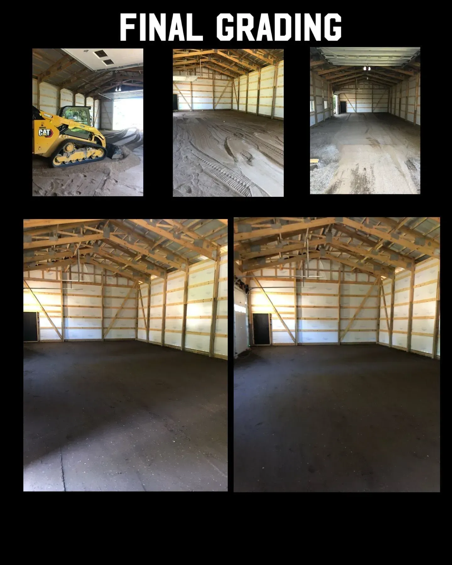 “Final grading” collage showing an empty metal workshop interior before and after floor grading.