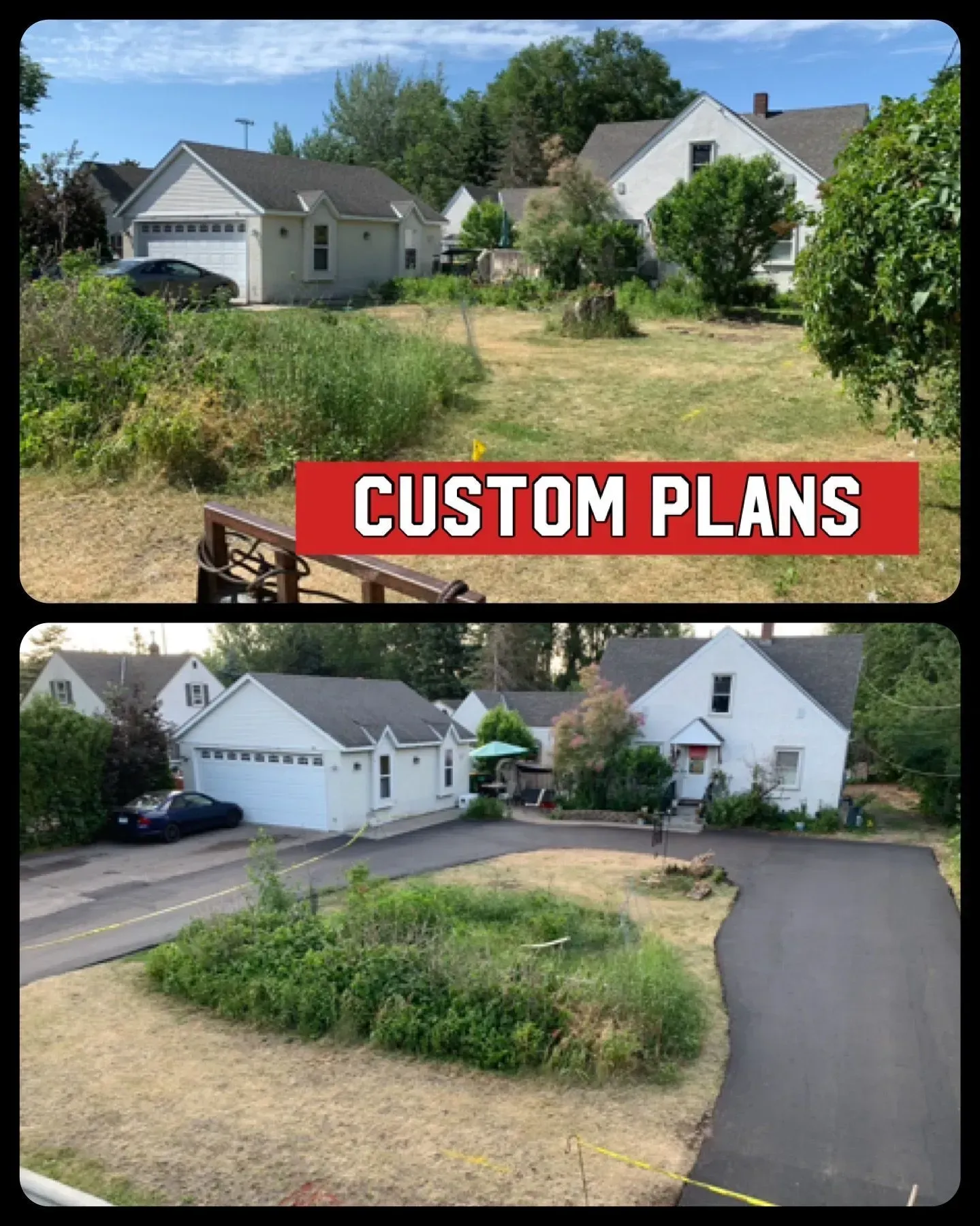 Two suburban homes with lawns and driveways, labeled “CUSTOM PLANS.”