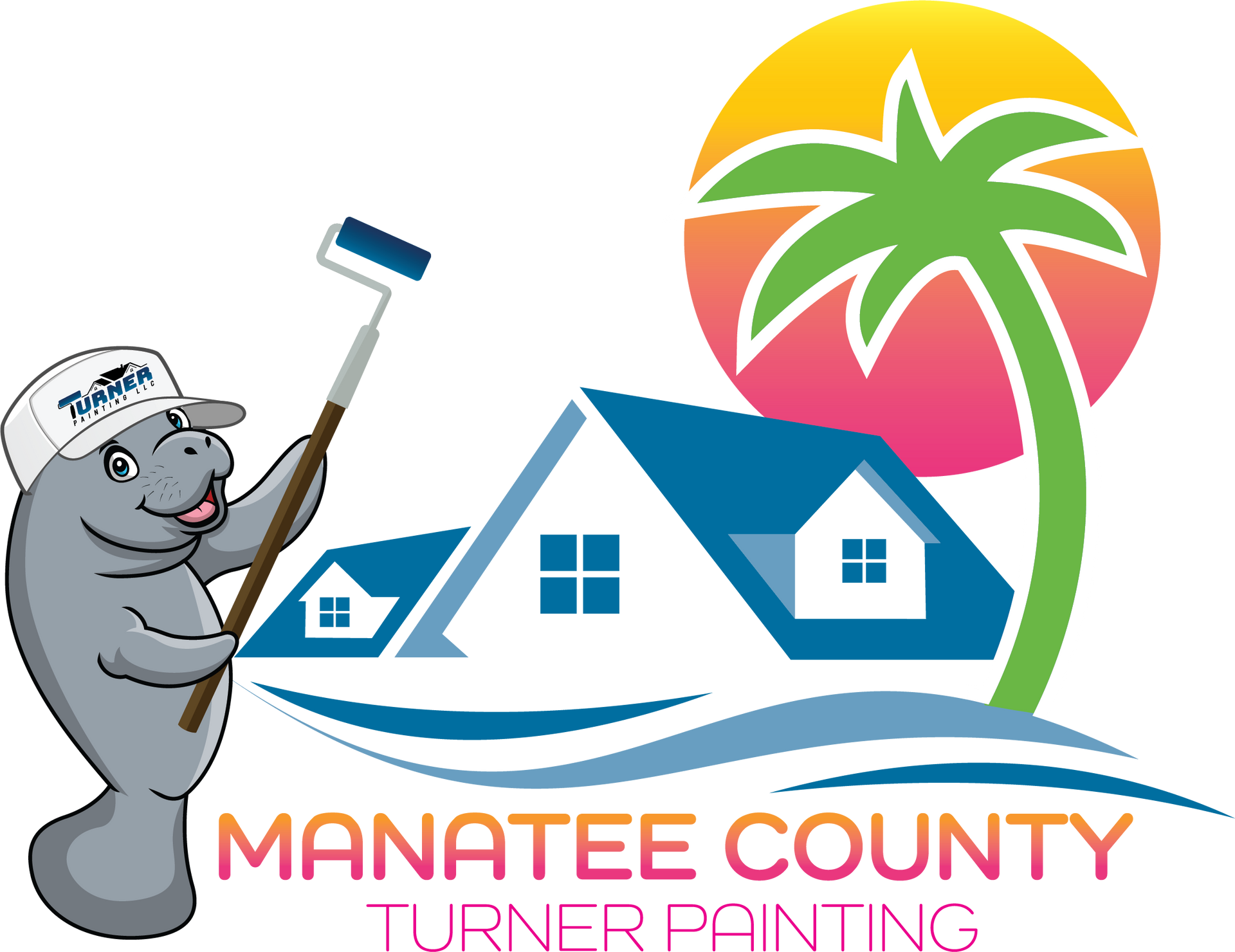Manatee County Turner Painting logo with cartoon manatee painting a house and palm tree