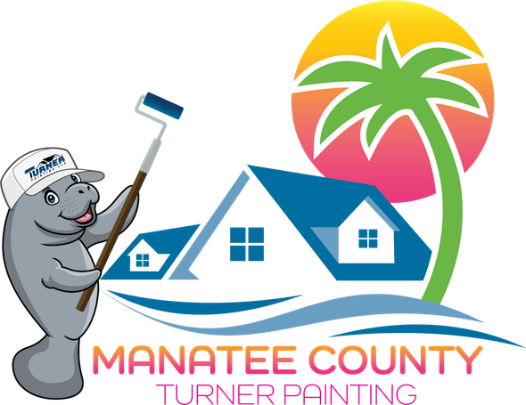 Manatee County Turner Painting logo with cartoon manatee painting a house and palm tree