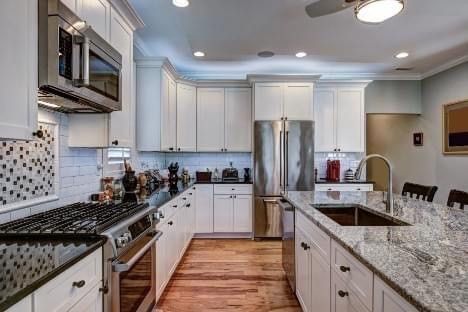 Kitchen with white cabinets and stainless appliances