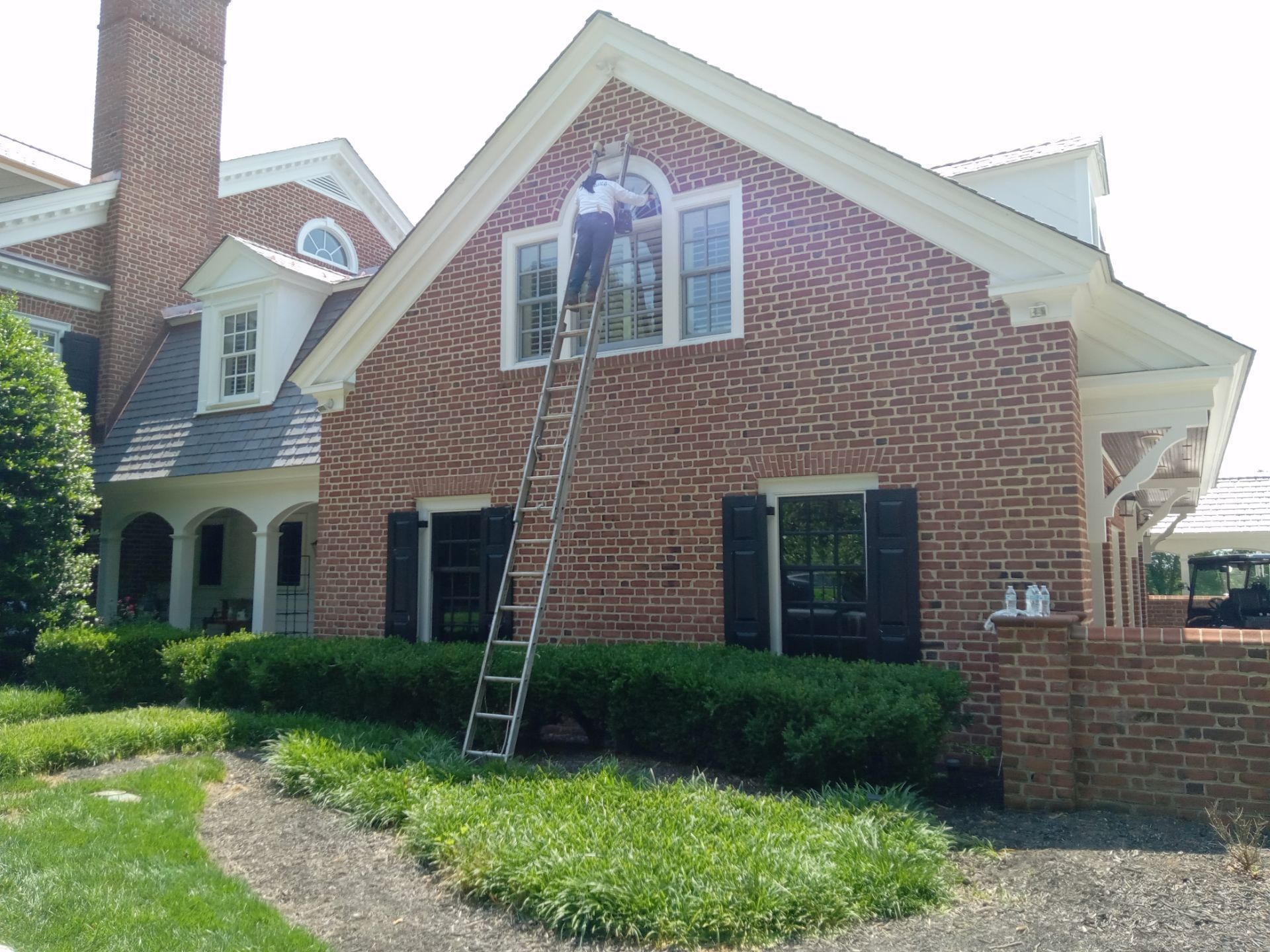Person on a ladder cleaning a window on a brick house. Green shrubs and blue sky.