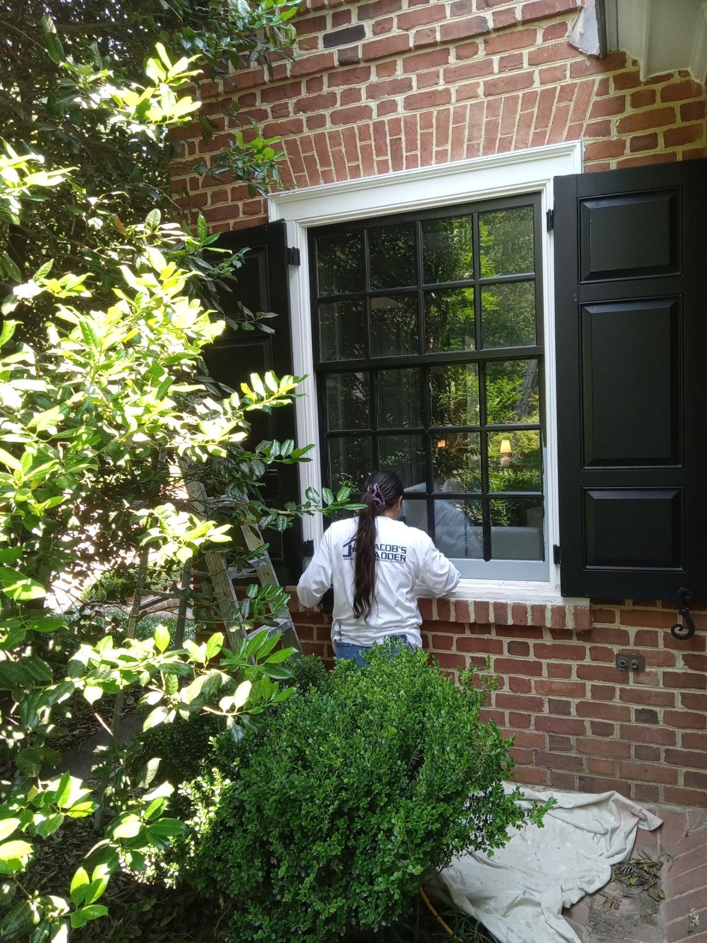 Person working at window, using ladder. Brick building with black shutters and trim. Green bushes and trees surrounding.