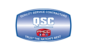 Blue and silver QSC logo,