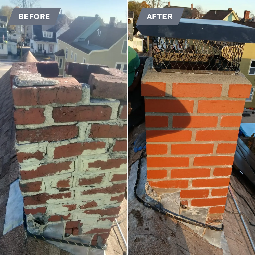 A before and after picture of a brick chimney