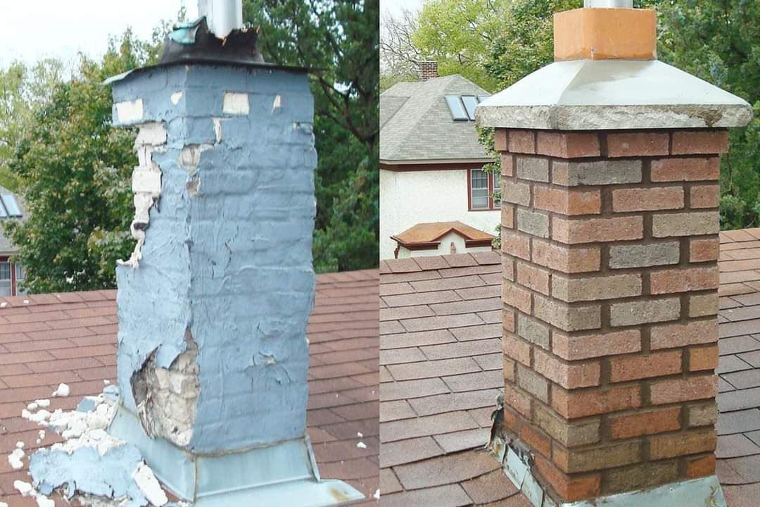 A before and after picture of a chimney on a roof