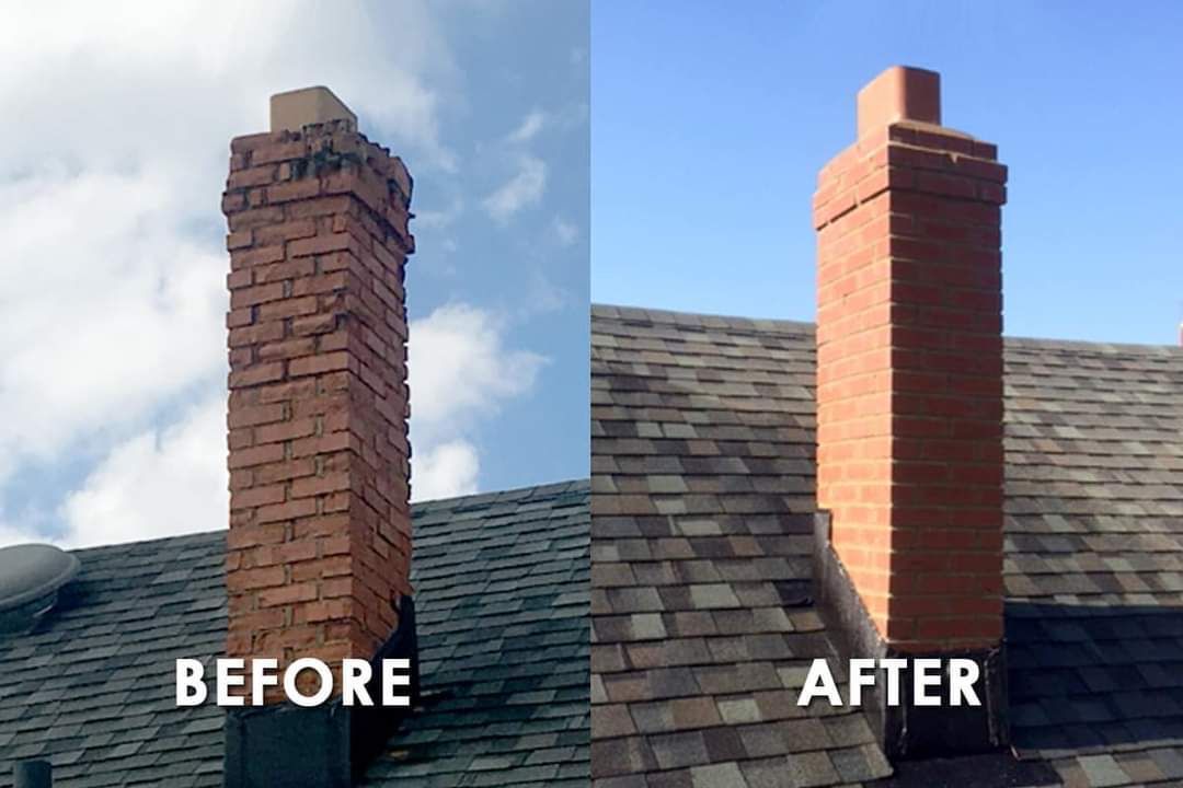 A before and after picture of a chimney on a roof