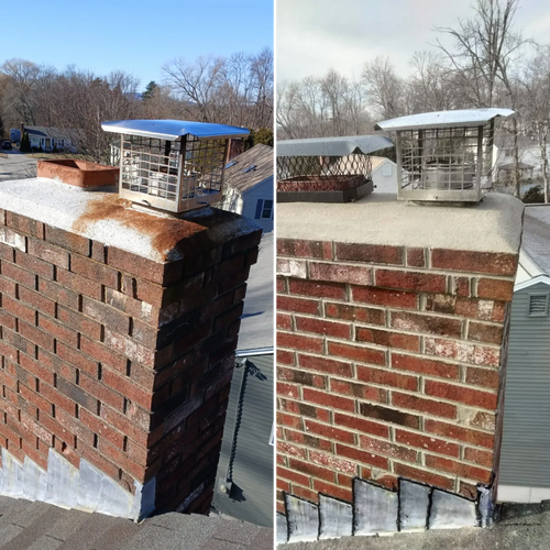 A before and after picture of a brick chimney