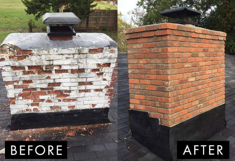 A before and after picture of a brick chimney