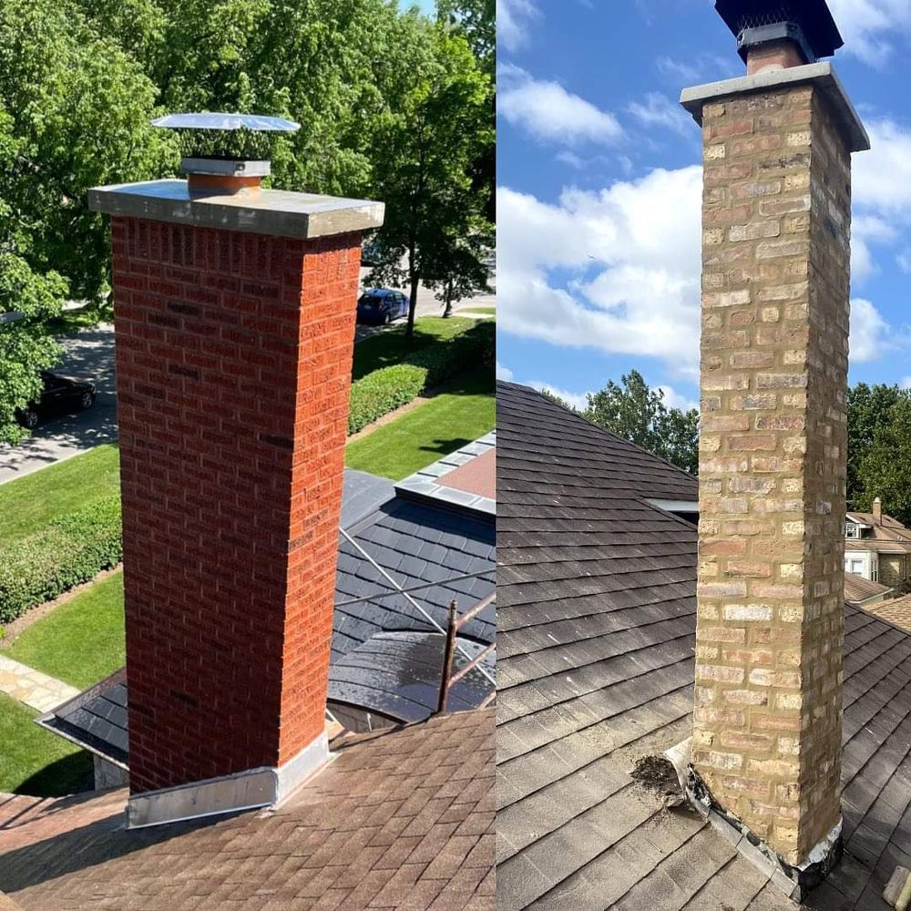 A before and after picture of a brick chimney on a roof.