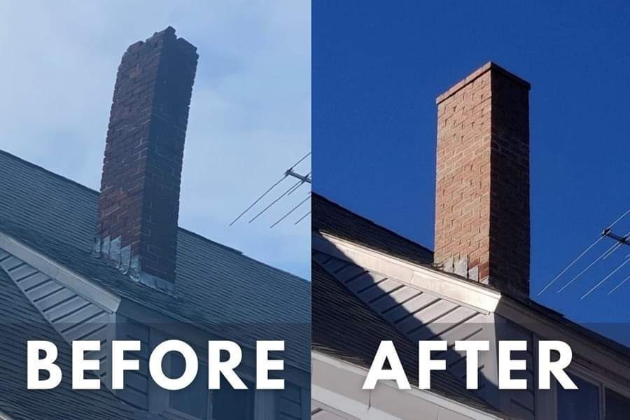 A before and after picture of a chimney on a roof