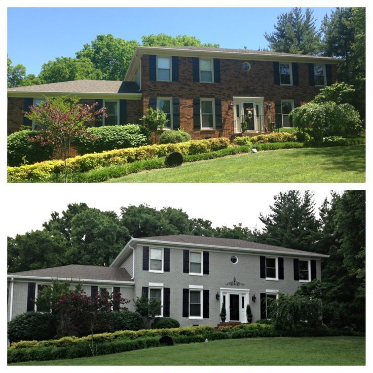 A before and after photo of a brick house with black shutters