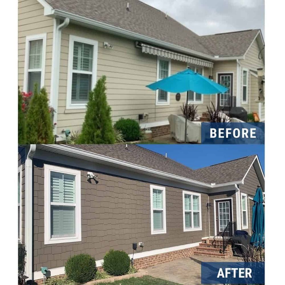 A before and after picture of a house with a blue umbrella