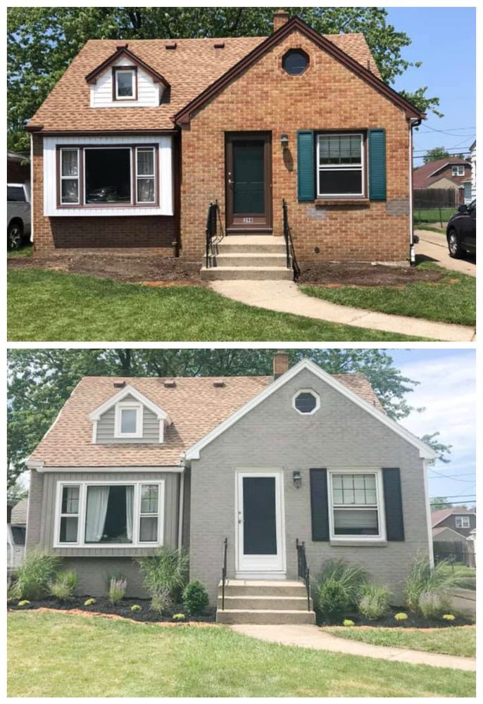 A before and after picture of a brick house being painted gray.