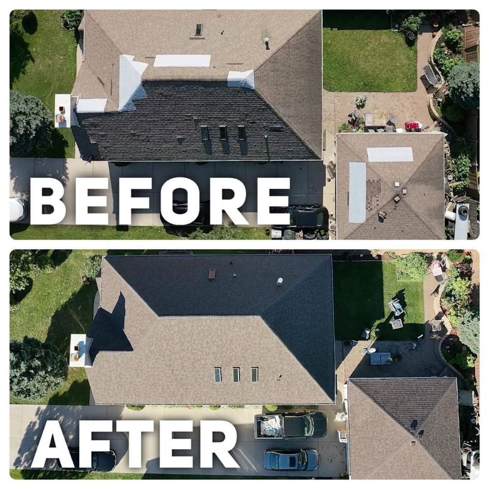 A before and after picture of a house roof