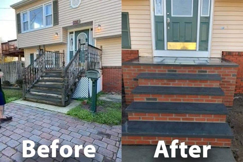 A before and after picture of a house with stairs