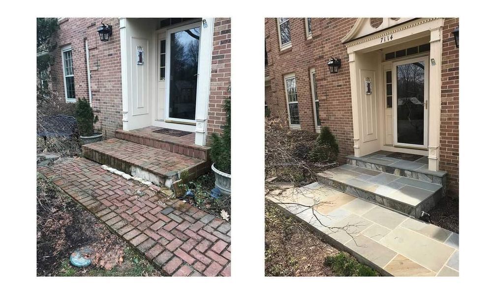 A before and after picture of a brick walkway leading to the front door of a house