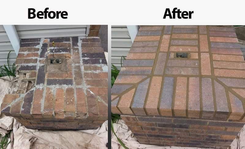 A before and after picture of a brick fireplace