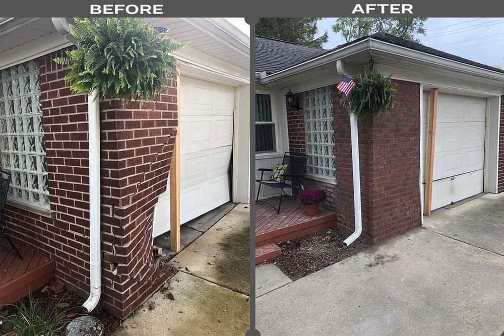 A before and after photo of a brick house with a white garage door