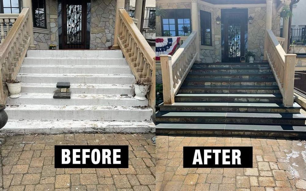 A before and after photo of a house's stairs