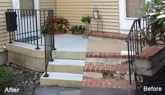 A before and after photo of a porch with stairs and a railing