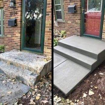 A before and after picture of a brick house with concrete steps