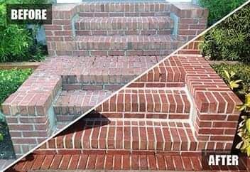 A before and after photo of a brick staircase