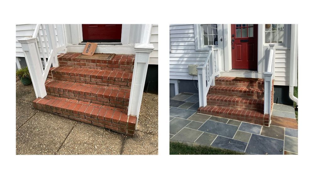 A before and after picture of a brick porch and steps