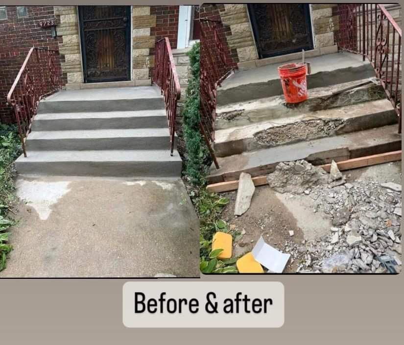 A before and after photo of a set of stairs