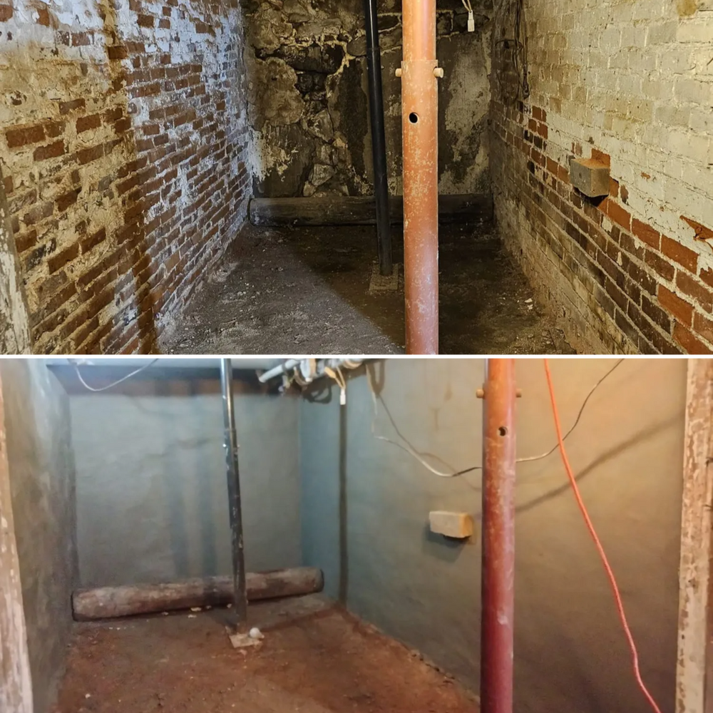 A before and after photo of a basement with brick walls