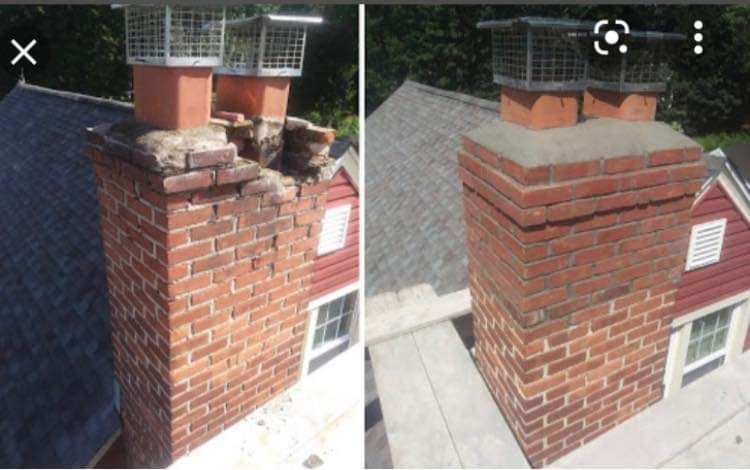 A before and after picture of a brick chimney