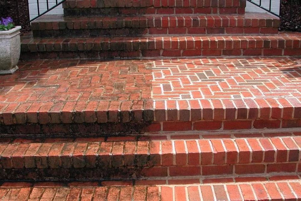 A before and after picture of a brick walkway.