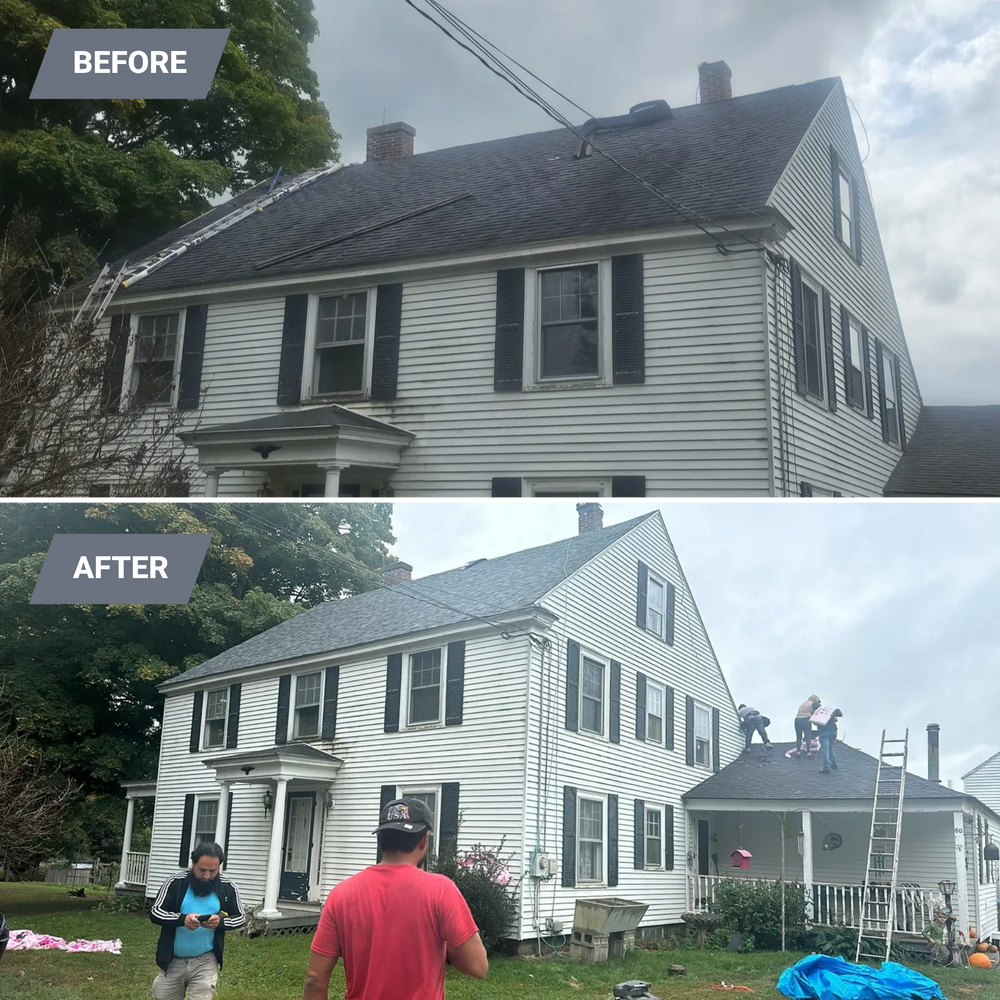A before and after picture of a house with a roof being installed.