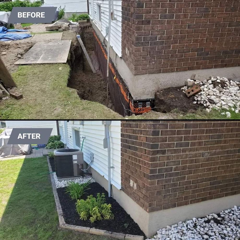 A before and after photo of a brick house