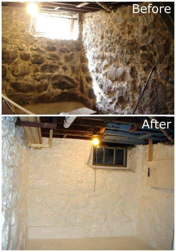 A before and after photo of a basement with a stone wall.