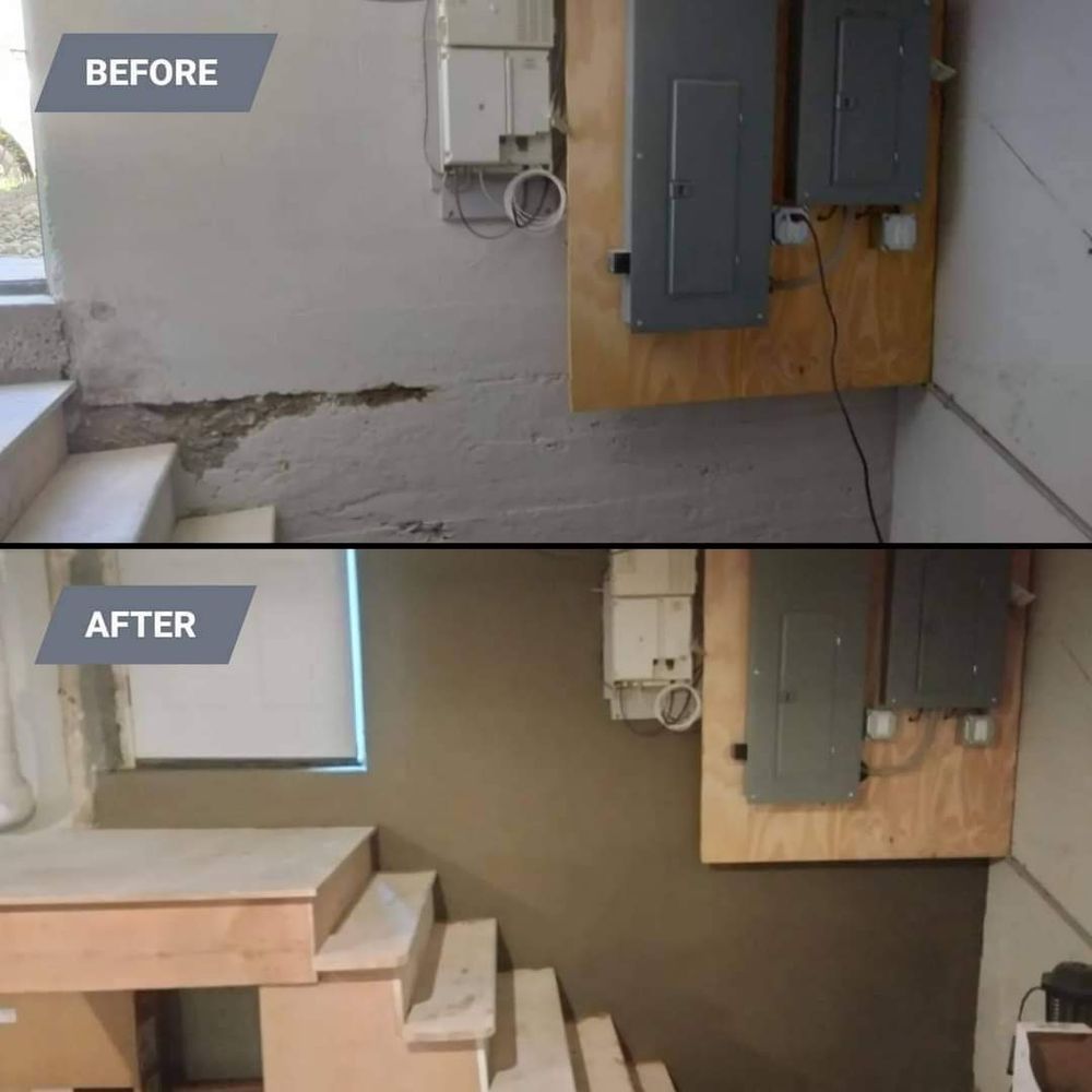 A before and after picture of a room with stairs
