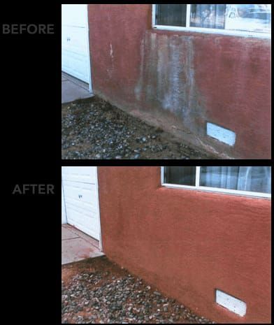 A before and after picture of a red wall with a window.