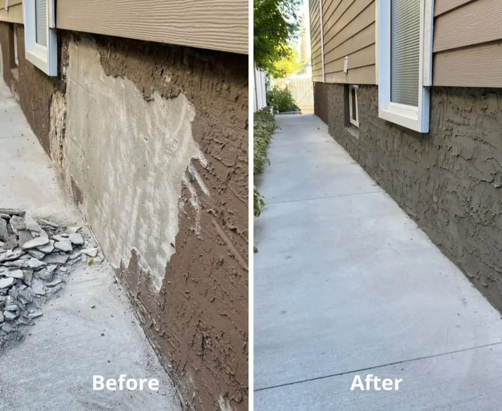 A before and after picture of a house with a sidewalk.