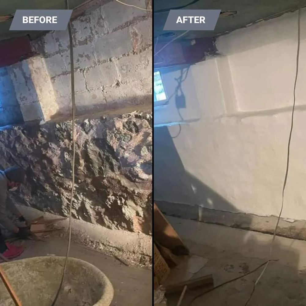 A before and after picture of a basement being remodeled.