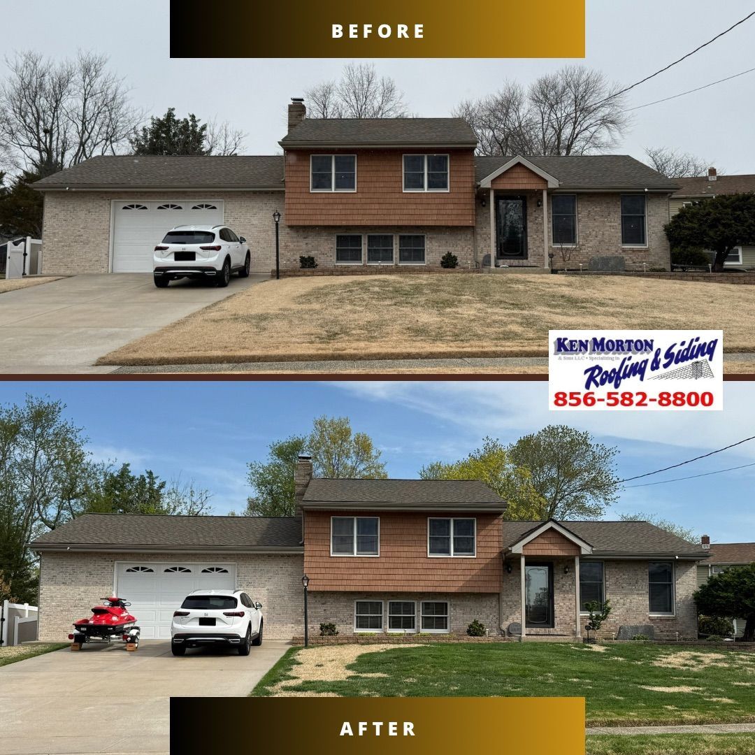 Before and after of a house, showing updated siding and roof. A car in the driveway.
