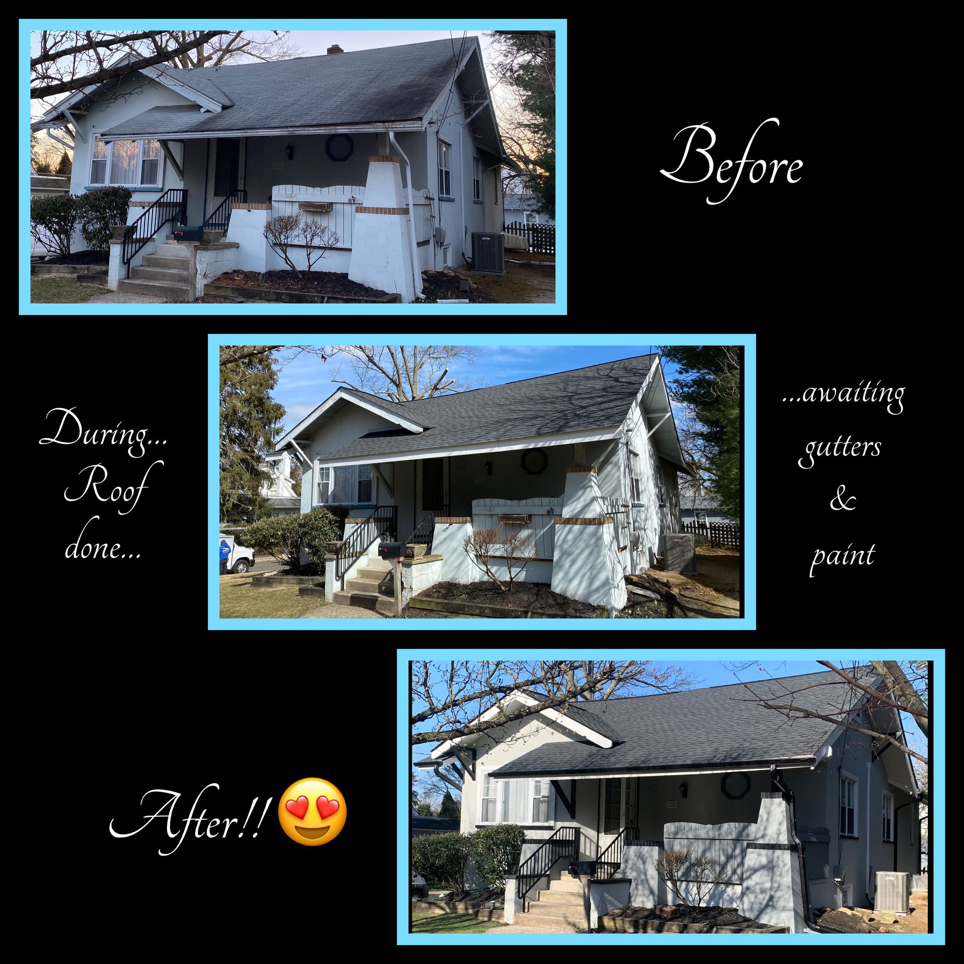 Before/during/after of a house roof replacement. New gray roof and paint.