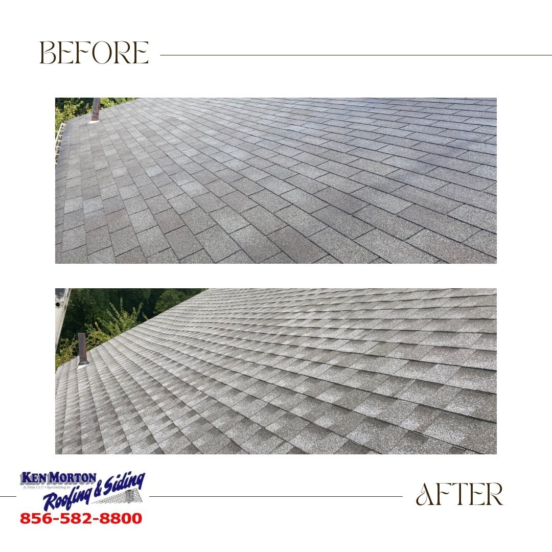 Before and after views of a grey shingle roof; the bottom view is a replacement.