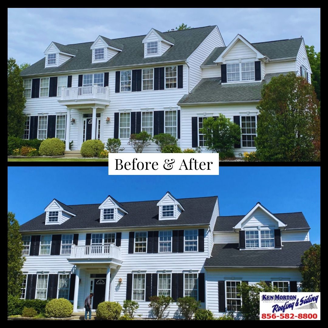 Before and after image of a two-story white house with a green roof (before) and a black roof (after).