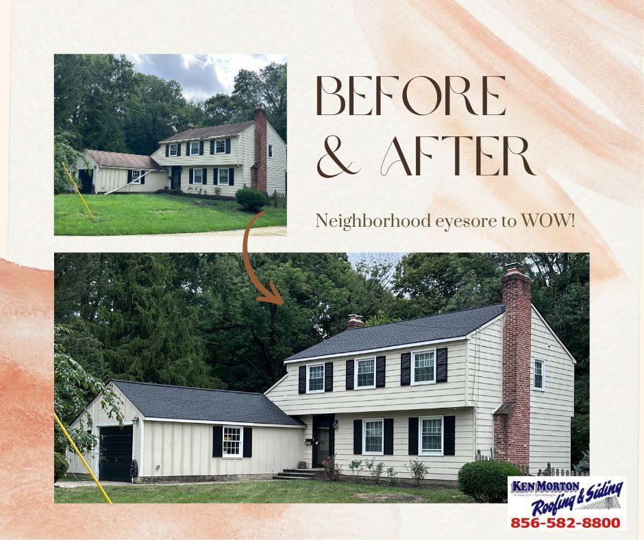 Before & After house remodel; tan house with black shutters, new roof, from drab to wow, greenery.