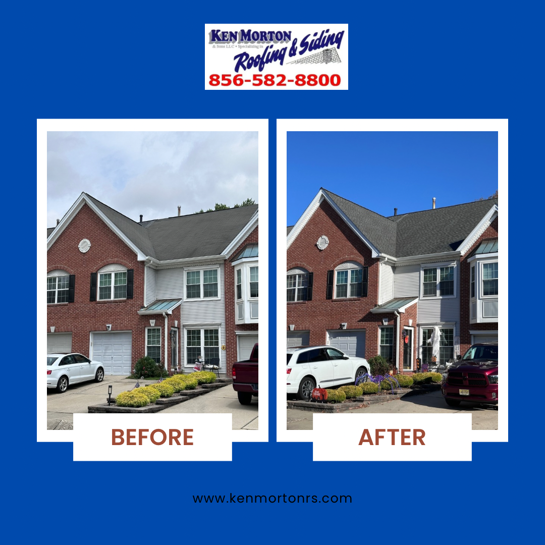 Before and after shots of a brick home with new roofing and siding by Ken Morton Roofing & Siding.