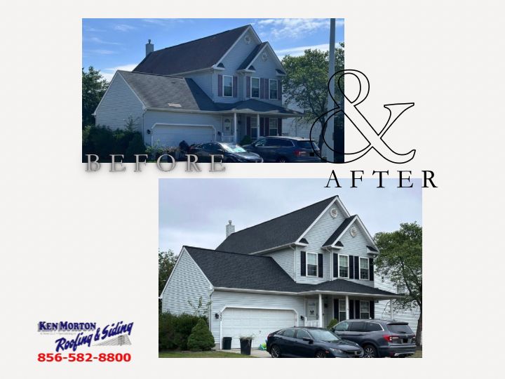 Before and after photos of a white house with a new black roof.