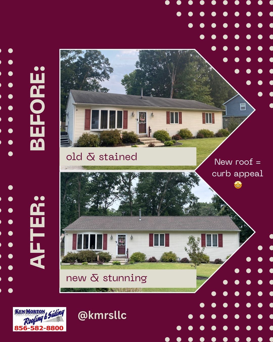 Before and after of a house with a new roof. The old roof is stained, new roof gives curb appeal.