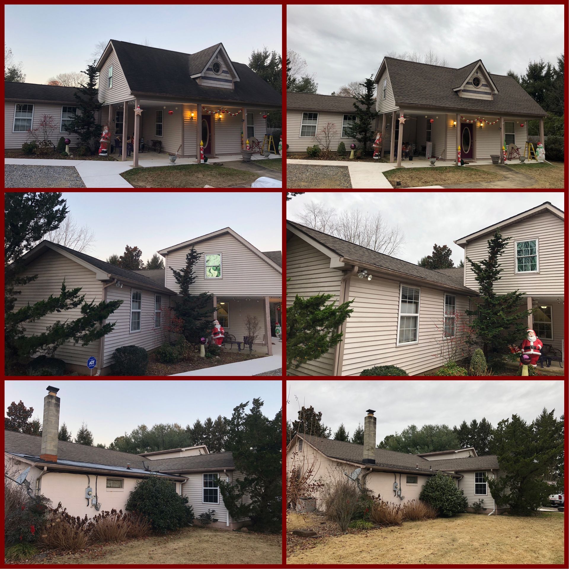 Six views of a two-story house, weathered white siding, decorated for the holidays, cloudy sky.
